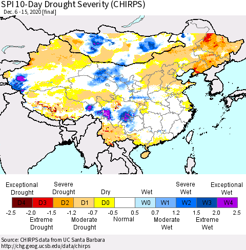 China, Mongolia and Taiwan SPI 10-Day Drought Severity (CHIRPS) Thematic Map For 12/6/2020 - 12/15/2020