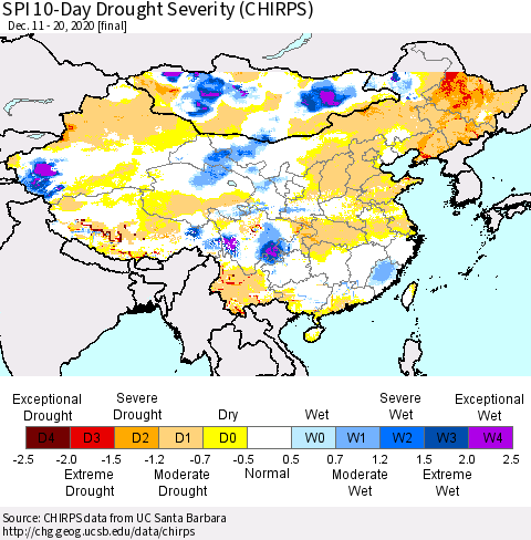 China, Mongolia and Taiwan SPI 10-Day Drought Severity (CHIRPS) Thematic Map For 12/11/2020 - 12/20/2020