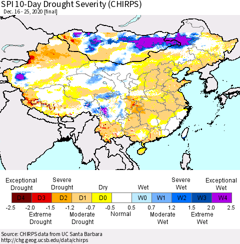 China, Mongolia and Taiwan SPI 10-Day Drought Severity (CHIRPS) Thematic Map For 12/16/2020 - 12/25/2020