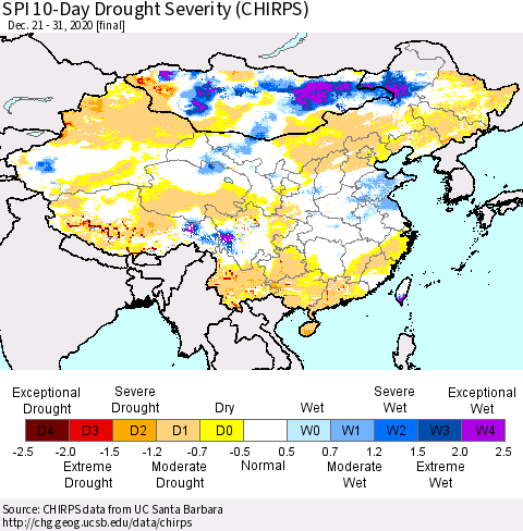 China, Mongolia and Taiwan SPI 10-Day Drought Severity (CHIRPS) Thematic Map For 12/21/2020 - 12/31/2020