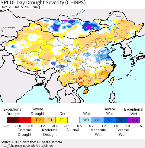 China, Mongolia and Taiwan SPI 10-Day Drought Severity (CHIRPS) Thematic Map For 12/26/2020 - 1/5/2021