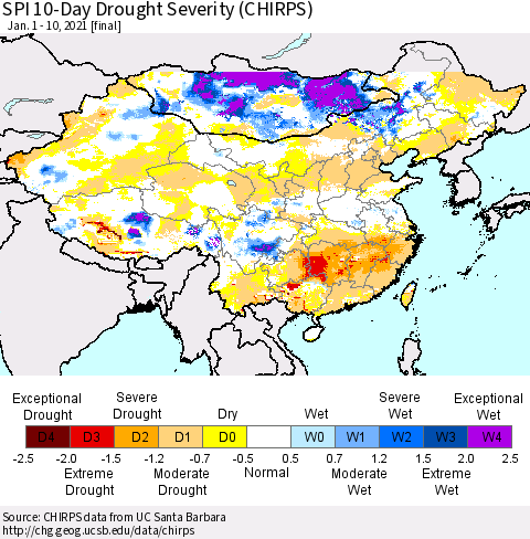 China, Mongolia and Taiwan SPI 10-Day Drought Severity (CHIRPS) Thematic Map For 1/1/2021 - 1/10/2021