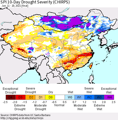 China, Mongolia and Taiwan SPI 10-Day Drought Severity (CHIRPS) Thematic Map For 1/11/2021 - 1/20/2021