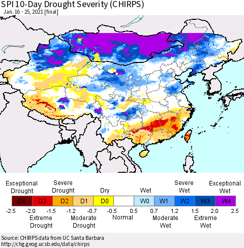 China, Mongolia and Taiwan SPI 10-Day Drought Severity (CHIRPS) Thematic Map For 1/16/2021 - 1/25/2021
