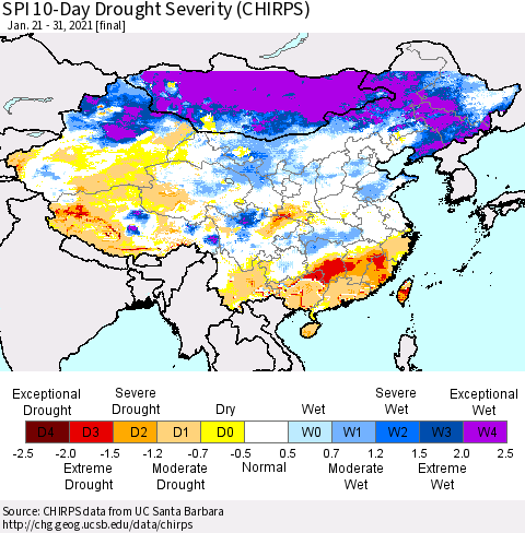 China, Mongolia and Taiwan SPI 10-Day Drought Severity (CHIRPS) Thematic Map For 1/21/2021 - 1/31/2021
