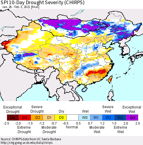 China, Mongolia and Taiwan SPI 10-Day Drought Severity (CHIRPS) Thematic Map For 1/26/2021 - 2/5/2021
