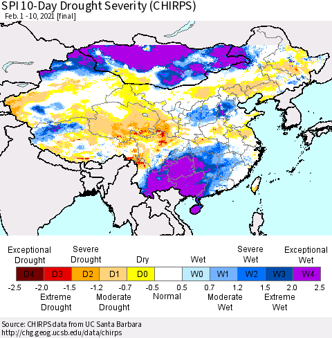 China, Mongolia and Taiwan SPI 10-Day Drought Severity (CHIRPS) Thematic Map For 2/1/2021 - 2/10/2021