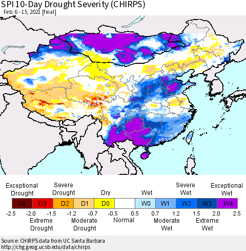 China, Mongolia and Taiwan SPI 10-Day Drought Severity (CHIRPS) Thematic Map For 2/6/2021 - 2/15/2021