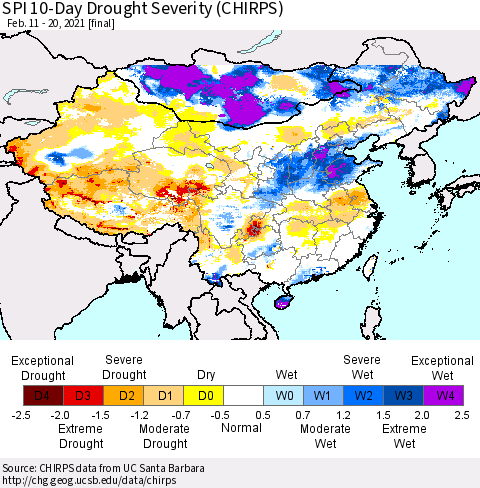 China, Mongolia and Taiwan SPI 10-Day Drought Severity (CHIRPS) Thematic Map For 2/11/2021 - 2/20/2021