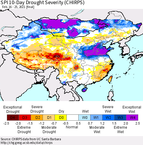 China, Mongolia and Taiwan SPI 10-Day Drought Severity (CHIRPS) Thematic Map For 2/16/2021 - 2/25/2021