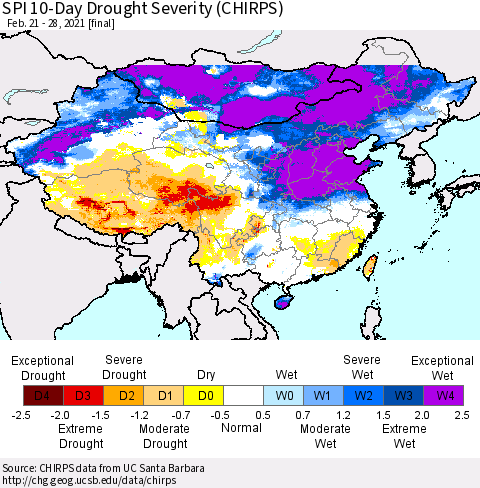 China, Mongolia and Taiwan SPI 10-Day Drought Severity (CHIRPS) Thematic Map For 2/21/2021 - 2/28/2021