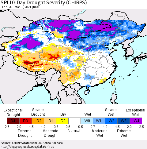 China, Mongolia and Taiwan SPI 10-Day Drought Severity (CHIRPS) Thematic Map For 2/26/2021 - 3/5/2021