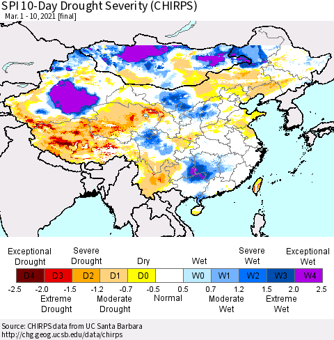 China, Mongolia and Taiwan SPI 10-Day Drought Severity (CHIRPS) Thematic Map For 3/1/2021 - 3/10/2021