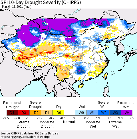 China, Mongolia and Taiwan SPI 10-Day Drought Severity (CHIRPS) Thematic Map For 3/6/2021 - 3/15/2021