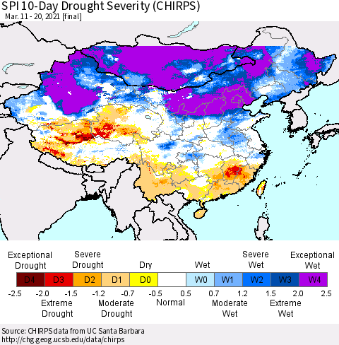 China, Mongolia and Taiwan SPI 10-Day Drought Severity (CHIRPS) Thematic Map For 3/11/2021 - 3/20/2021