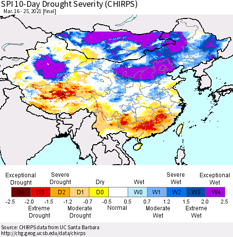 China, Mongolia and Taiwan SPI 10-Day Drought Severity (CHIRPS) Thematic Map For 3/16/2021 - 3/25/2021