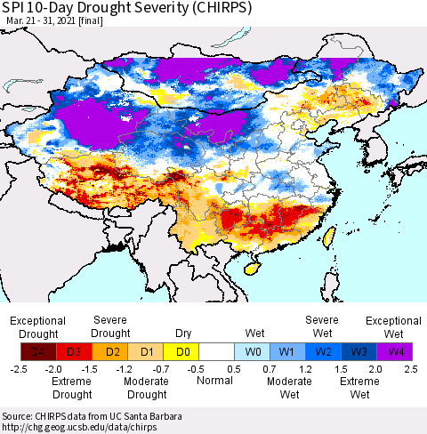 China, Mongolia and Taiwan SPI 10-Day Drought Severity (CHIRPS) Thematic Map For 3/21/2021 - 3/31/2021