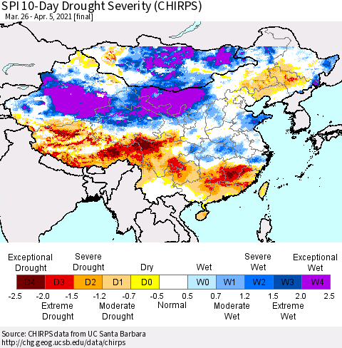 China, Mongolia and Taiwan SPI 10-Day Drought Severity (CHIRPS) Thematic Map For 3/26/2021 - 4/5/2021