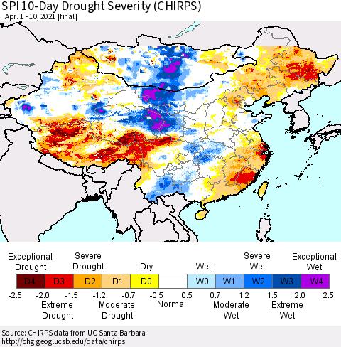 China, Mongolia and Taiwan SPI 10-Day Drought Severity (CHIRPS) Thematic Map For 4/1/2021 - 4/10/2021