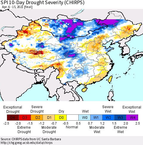 China, Mongolia and Taiwan SPI 10-Day Drought Severity (CHIRPS) Thematic Map For 4/6/2021 - 4/15/2021