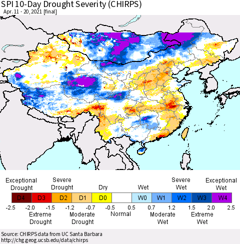 China, Mongolia and Taiwan SPI 10-Day Drought Severity (CHIRPS) Thematic Map For 4/11/2021 - 4/20/2021