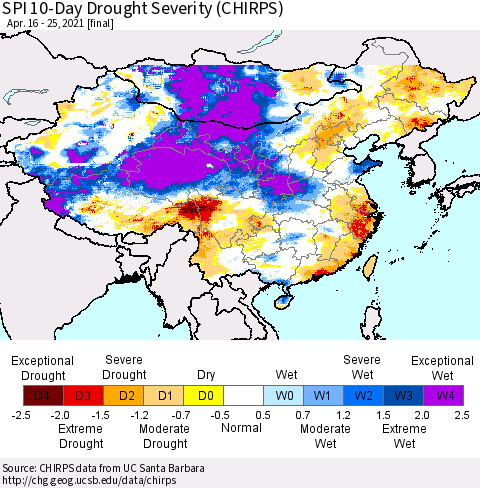 China, Mongolia and Taiwan SPI 10-Day Drought Severity (CHIRPS) Thematic Map For 4/16/2021 - 4/25/2021