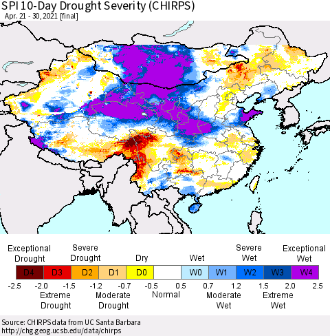 China, Mongolia and Taiwan SPI 10-Day Drought Severity (CHIRPS) Thematic Map For 4/21/2021 - 4/30/2021