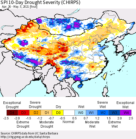 China, Mongolia and Taiwan SPI 10-Day Drought Severity (CHIRPS) Thematic Map For 4/26/2021 - 5/5/2021