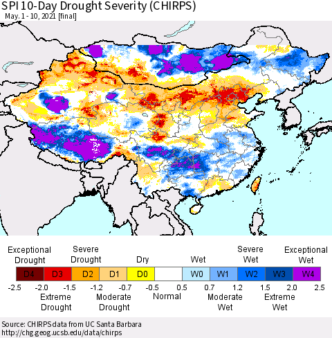 China, Mongolia and Taiwan SPI 10-Day Drought Severity (CHIRPS) Thematic Map For 5/1/2021 - 5/10/2021