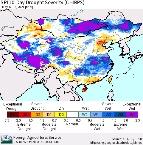 China, Mongolia and Taiwan SPI 10-Day Drought Severity (CHIRPS) Thematic Map For 5/6/2021 - 5/15/2021