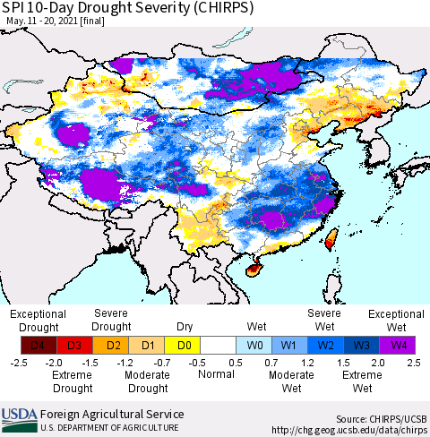 China, Mongolia and Taiwan SPI 10-Day Drought Severity (CHIRPS) Thematic Map For 5/11/2021 - 5/20/2021