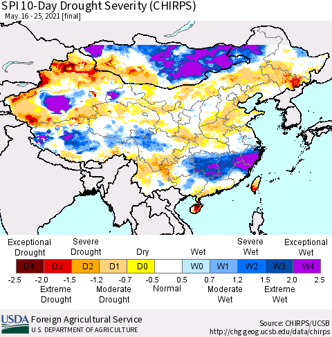 China, Mongolia and Taiwan SPI 10-Day Drought Severity (CHIRPS) Thematic Map For 5/16/2021 - 5/25/2021