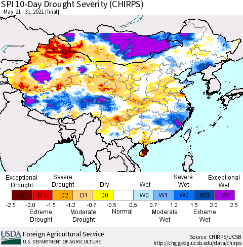 China, Mongolia and Taiwan SPI 10-Day Drought Severity (CHIRPS) Thematic Map For 5/21/2021 - 5/31/2021