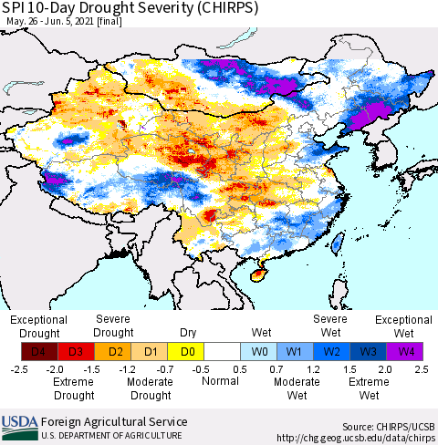China, Mongolia and Taiwan SPI 10-Day Drought Severity (CHIRPS) Thematic Map For 5/26/2021 - 6/5/2021