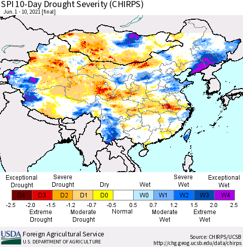 China, Mongolia and Taiwan SPI 10-Day Drought Severity (CHIRPS) Thematic Map For 6/1/2021 - 6/10/2021