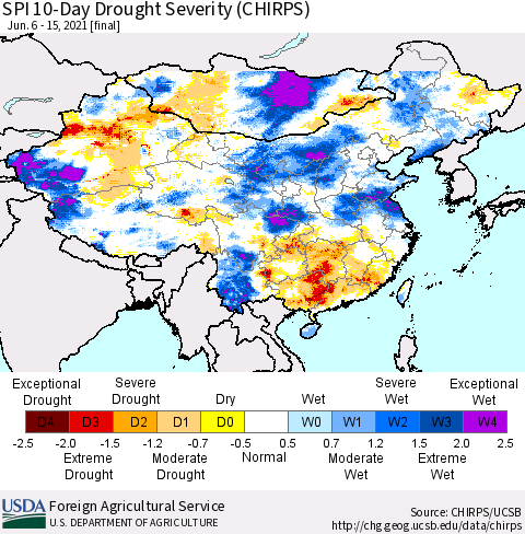 China, Mongolia and Taiwan SPI 10-Day Drought Severity (CHIRPS) Thematic Map For 6/6/2021 - 6/15/2021