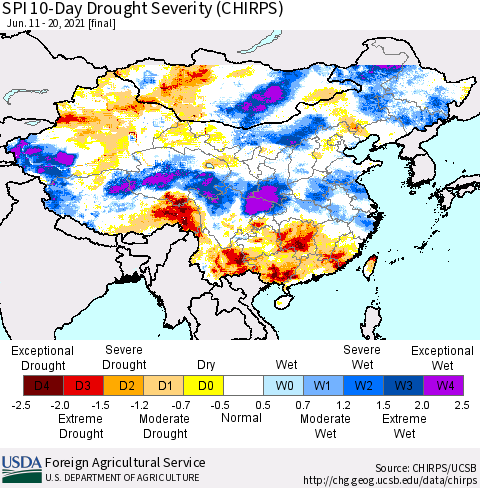 China, Mongolia and Taiwan SPI 10-Day Drought Severity (CHIRPS) Thematic Map For 6/11/2021 - 6/20/2021