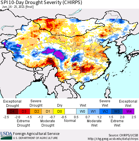 China, Mongolia and Taiwan SPI 10-Day Drought Severity (CHIRPS) Thematic Map For 6/16/2021 - 6/25/2021