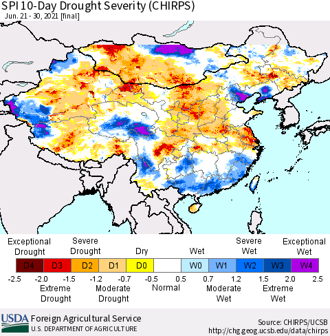 China, Mongolia and Taiwan SPI 10-Day Drought Severity (CHIRPS) Thematic Map For 6/21/2021 - 6/30/2021