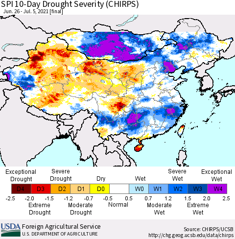 China, Mongolia and Taiwan SPI 10-Day Drought Severity (CHIRPS) Thematic Map For 6/26/2021 - 7/5/2021