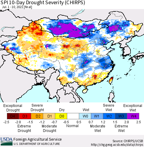 China, Mongolia and Taiwan SPI 10-Day Drought Severity (CHIRPS) Thematic Map For 7/1/2021 - 7/10/2021