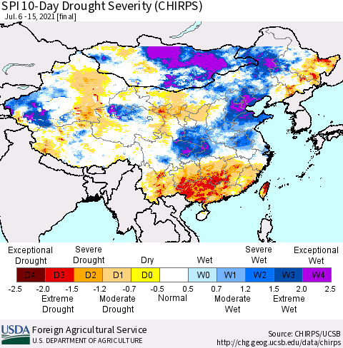 China, Mongolia and Taiwan SPI 10-Day Drought Severity (CHIRPS) Thematic Map For 7/6/2021 - 7/15/2021