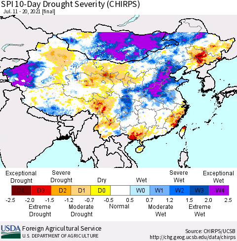 China, Mongolia and Taiwan SPI 10-Day Drought Severity (CHIRPS) Thematic Map For 7/11/2021 - 7/20/2021