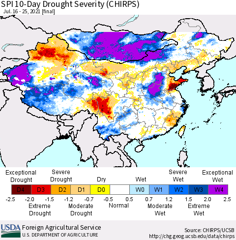 China, Mongolia and Taiwan SPI 10-Day Drought Severity (CHIRPS) Thematic Map For 7/16/2021 - 7/25/2021