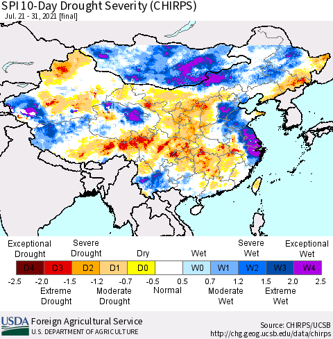 China, Mongolia and Taiwan SPI 10-Day Drought Severity (CHIRPS) Thematic Map For 7/21/2021 - 7/31/2021