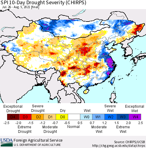 China, Mongolia and Taiwan SPI 10-Day Drought Severity (CHIRPS) Thematic Map For 7/26/2021 - 8/5/2021