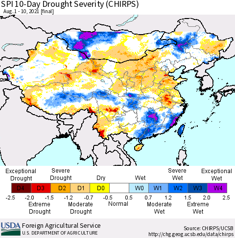 China, Mongolia and Taiwan SPI 10-Day Drought Severity (CHIRPS) Thematic Map For 8/1/2021 - 8/10/2021