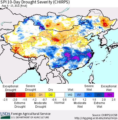 China, Mongolia and Taiwan SPI 10-Day Drought Severity (CHIRPS) Thematic Map For 8/6/2021 - 8/15/2021