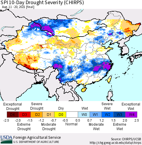 China, Mongolia and Taiwan SPI 10-Day Drought Severity (CHIRPS) Thematic Map For 8/11/2021 - 8/20/2021