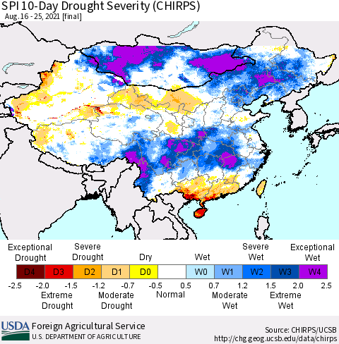 China, Mongolia and Taiwan SPI 10-Day Drought Severity (CHIRPS) Thematic Map For 8/16/2021 - 8/25/2021